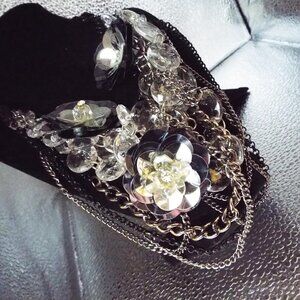 GOTH BLACK CHAINS, LUCITE BEADS LARGE SEQUIN FLOWERS BIBB SCULPTURAL NECKLACE 1